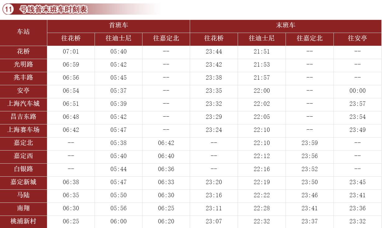 上海十一号线时刻表（安亭11号地铁时间）