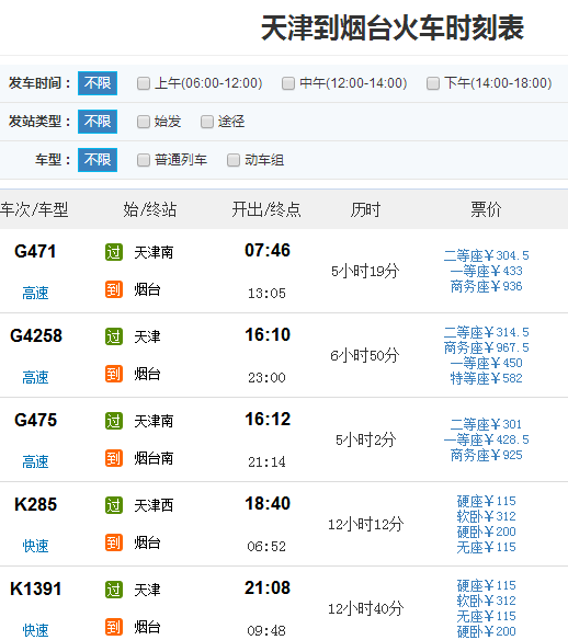 天津有到山东烟台的高铁吗几点的多少钱（天津至烟台高铁）