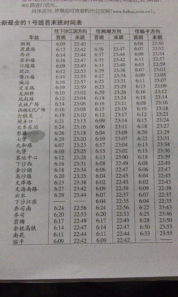 杭州地铁1号线现在晚上末班车是几点（杭州1号线地铁最迟几点）