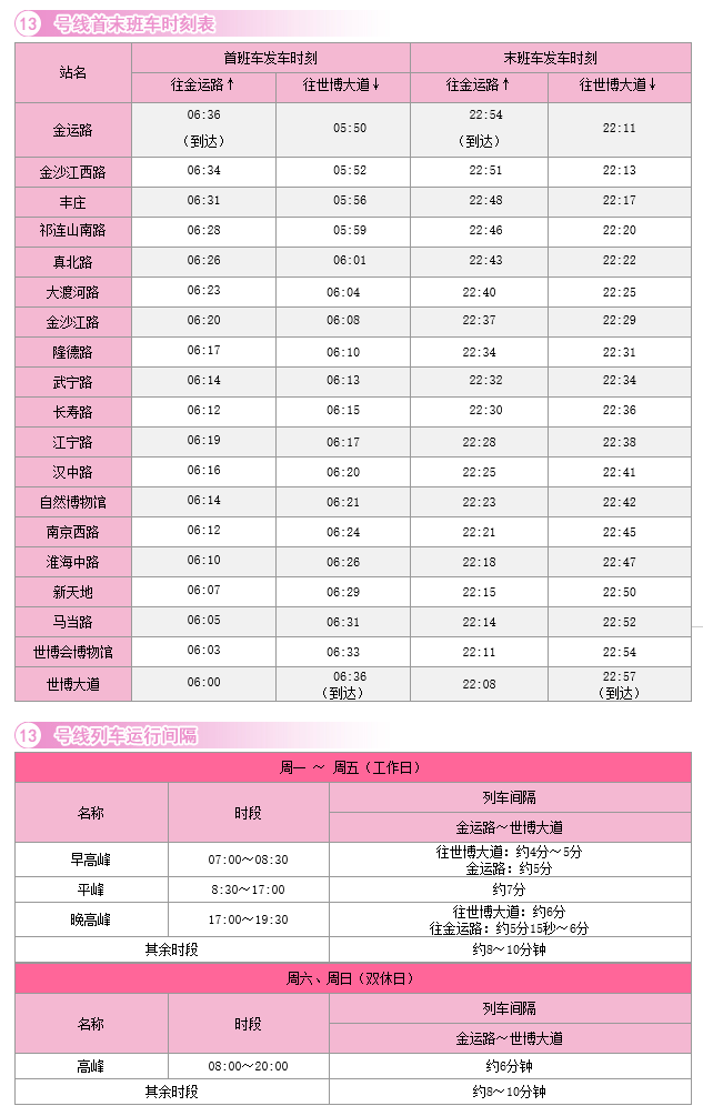 上海地铁各线路首末班时间（上海地铁13号线时刻表）