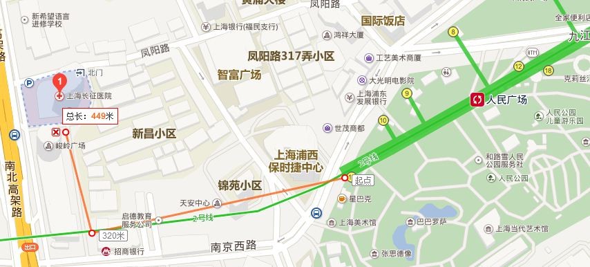 地铁2号线人民广场几号出口离上海长征医院较近（人民广场地铁站附近医院）