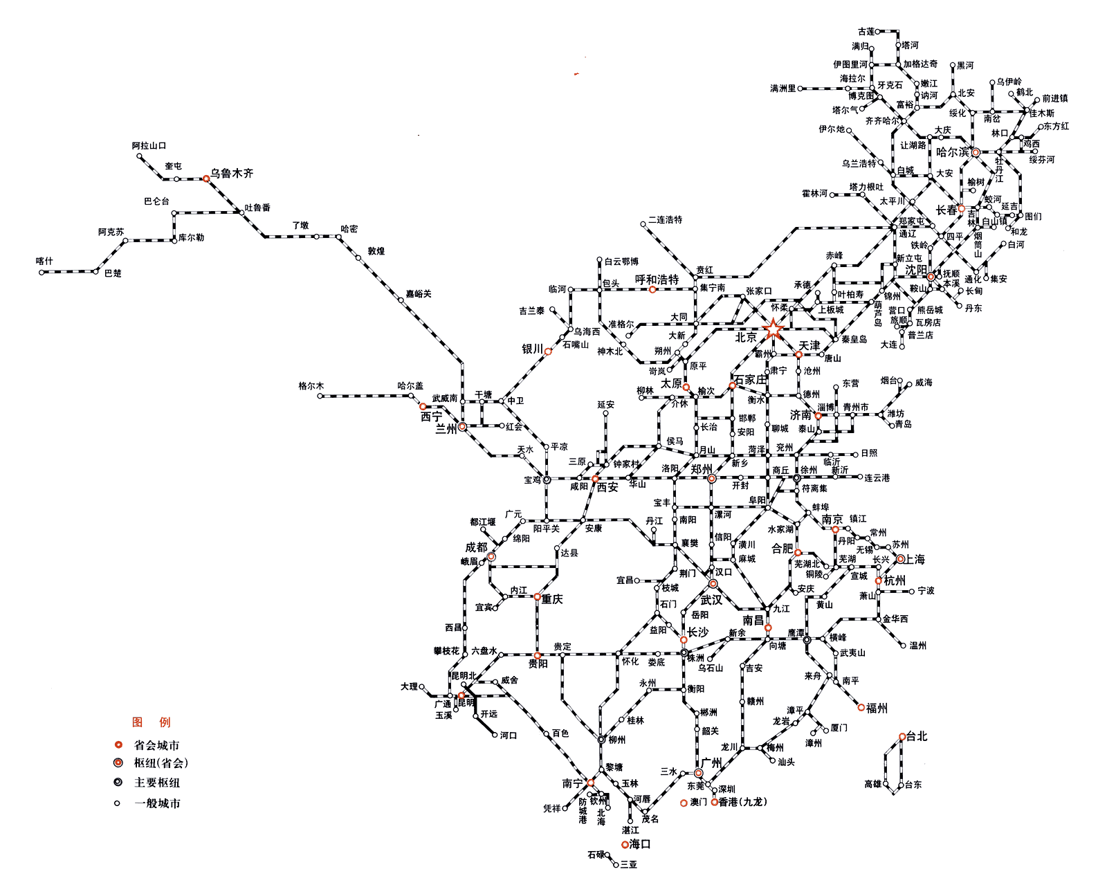 中国铁路网分布图（铁路配置图）
