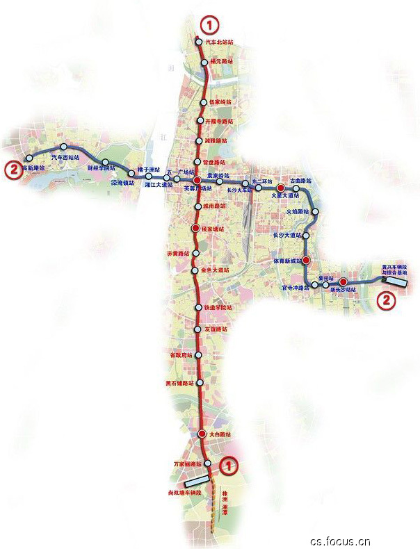 谁能提供个最新的已经敲定的长沙地铁2号线和1号线的地铁线路图！（湖南的地铁线路图）